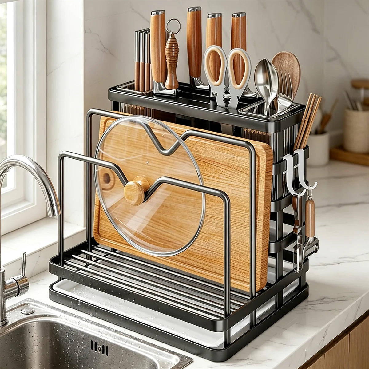 Kitchen Stainless Steel No-Drill Storage Rack, Lid, Chopsticks, Knife & Cutting Board Organizer