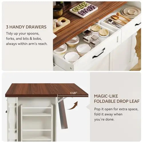 Kitchen Island on Wheels, 48" Island Table for Kitchen with Trash