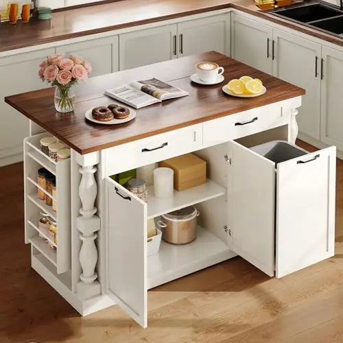 Kitchen Island on Wheels, 48" Island Table for Kitchen with Trash