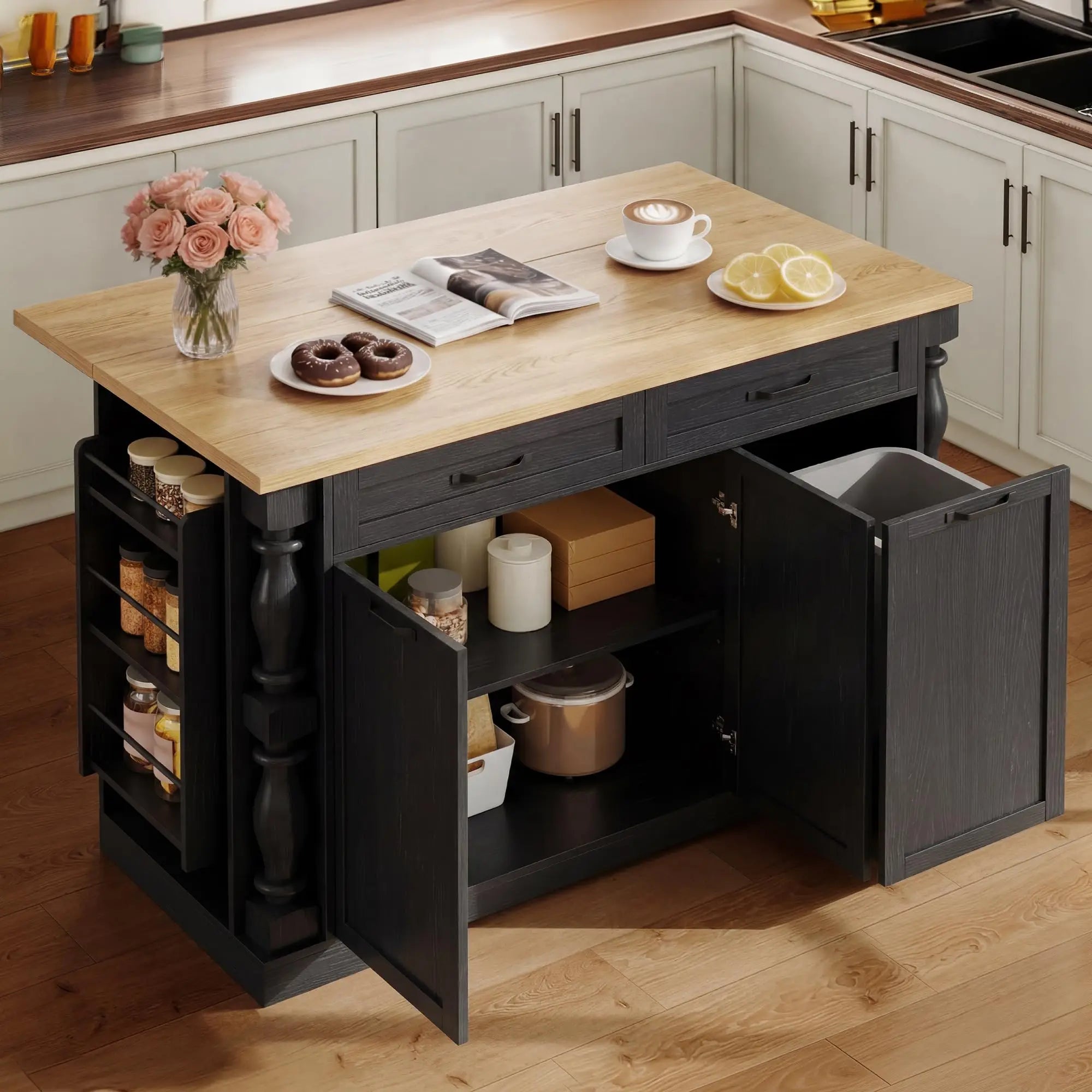 Kitchen Island on Wheels, 48" Island Table for Kitchen with Trash