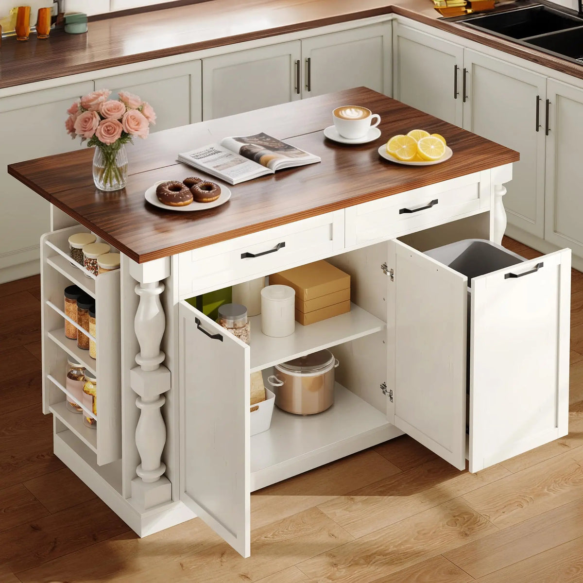 Kitchen Island on Wheels, 48" Island Table for Kitchen with Trash