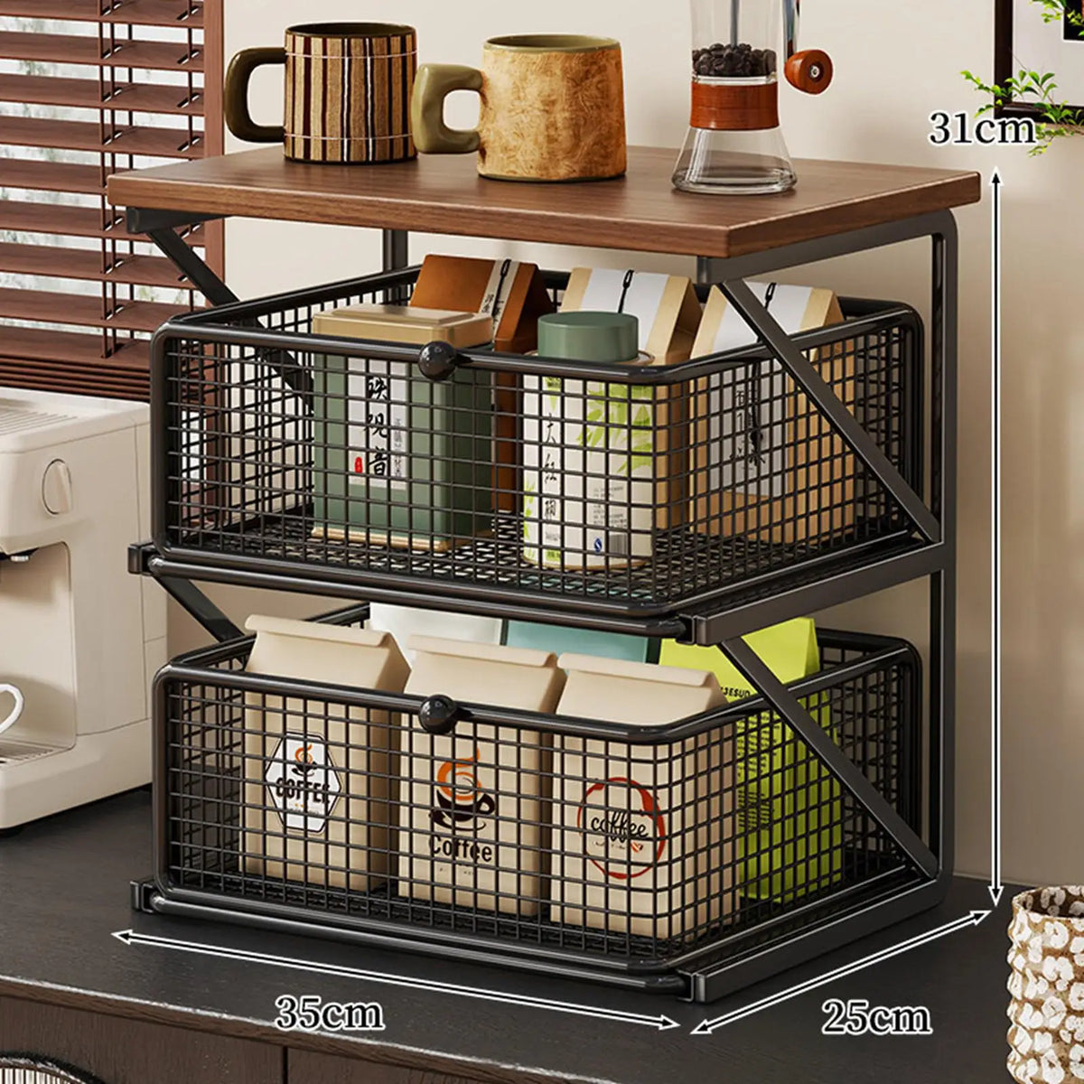 Kitchen Counter Shelf Organizer Ironwood Drawer Storage Rack Coffee Accessories Station for Room and Pantry