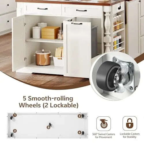 Kitchen Island on Wheels, 48" Island Table for Kitchen with Trash