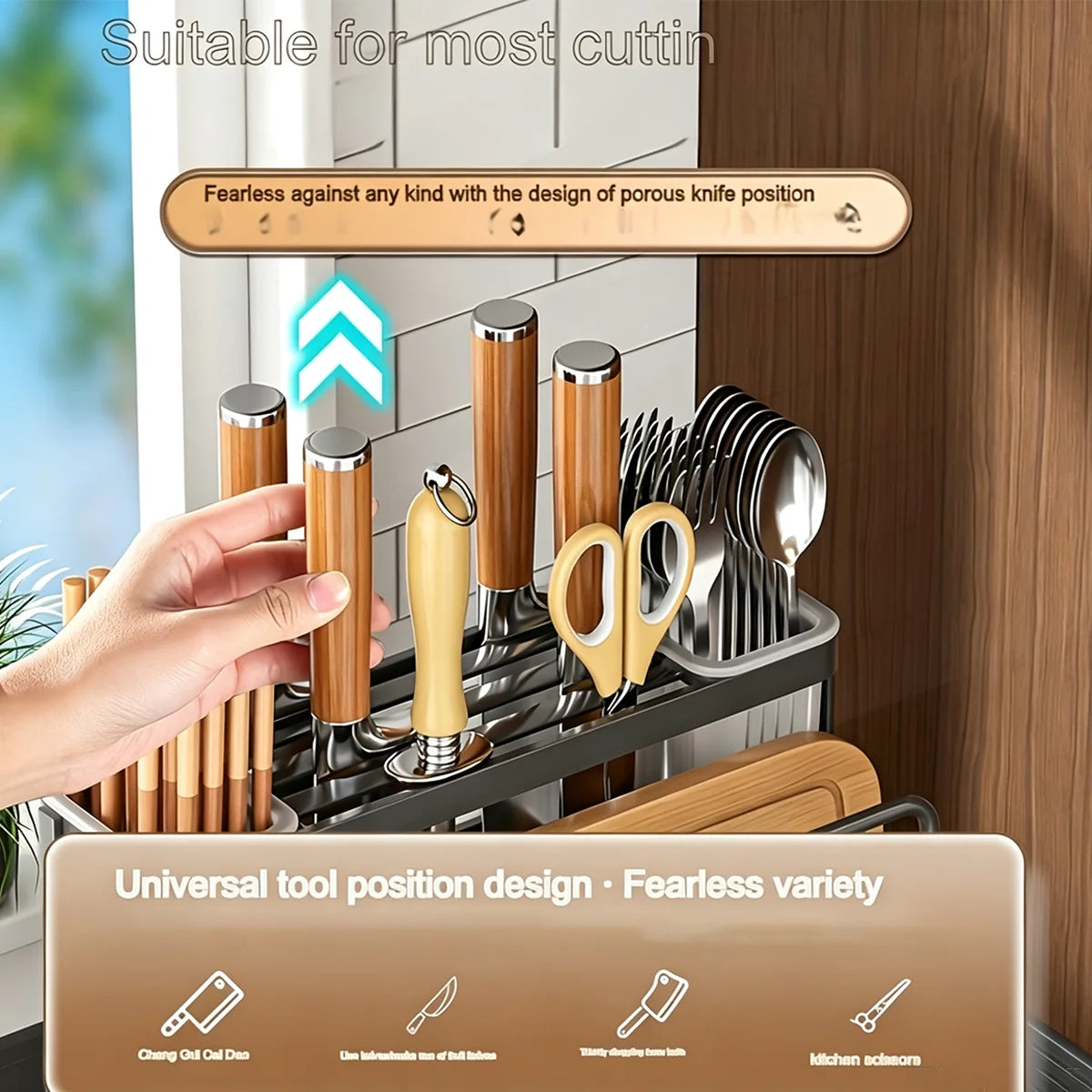 Kitchen Stainless Steel No-Drill Storage Rack, Lid, Chopsticks, Knife & Cutting Board Organizer