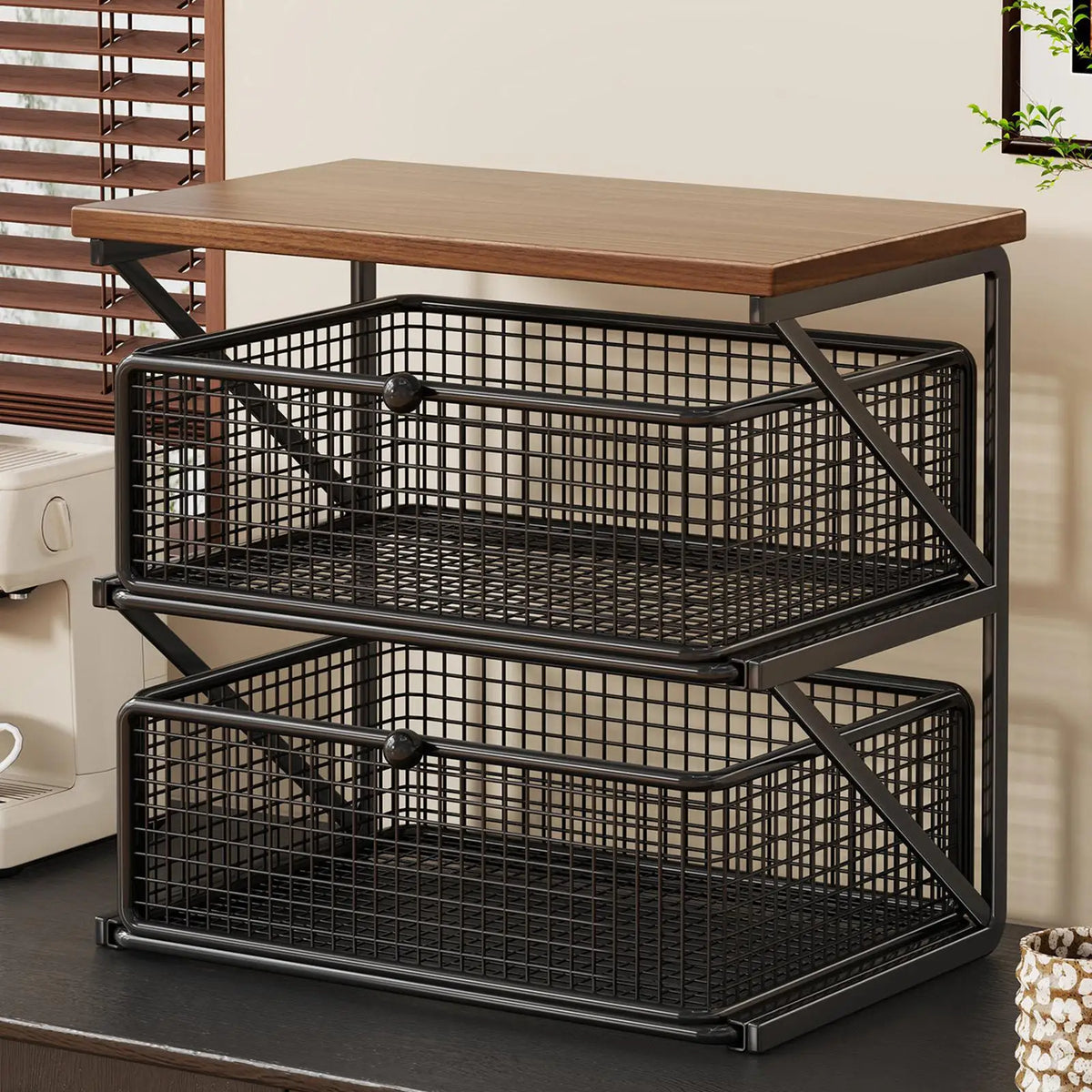 Kitchen Counter Shelf Organizer Ironwood Drawer Storage Rack Coffee Accessories Station for Room and Pantry