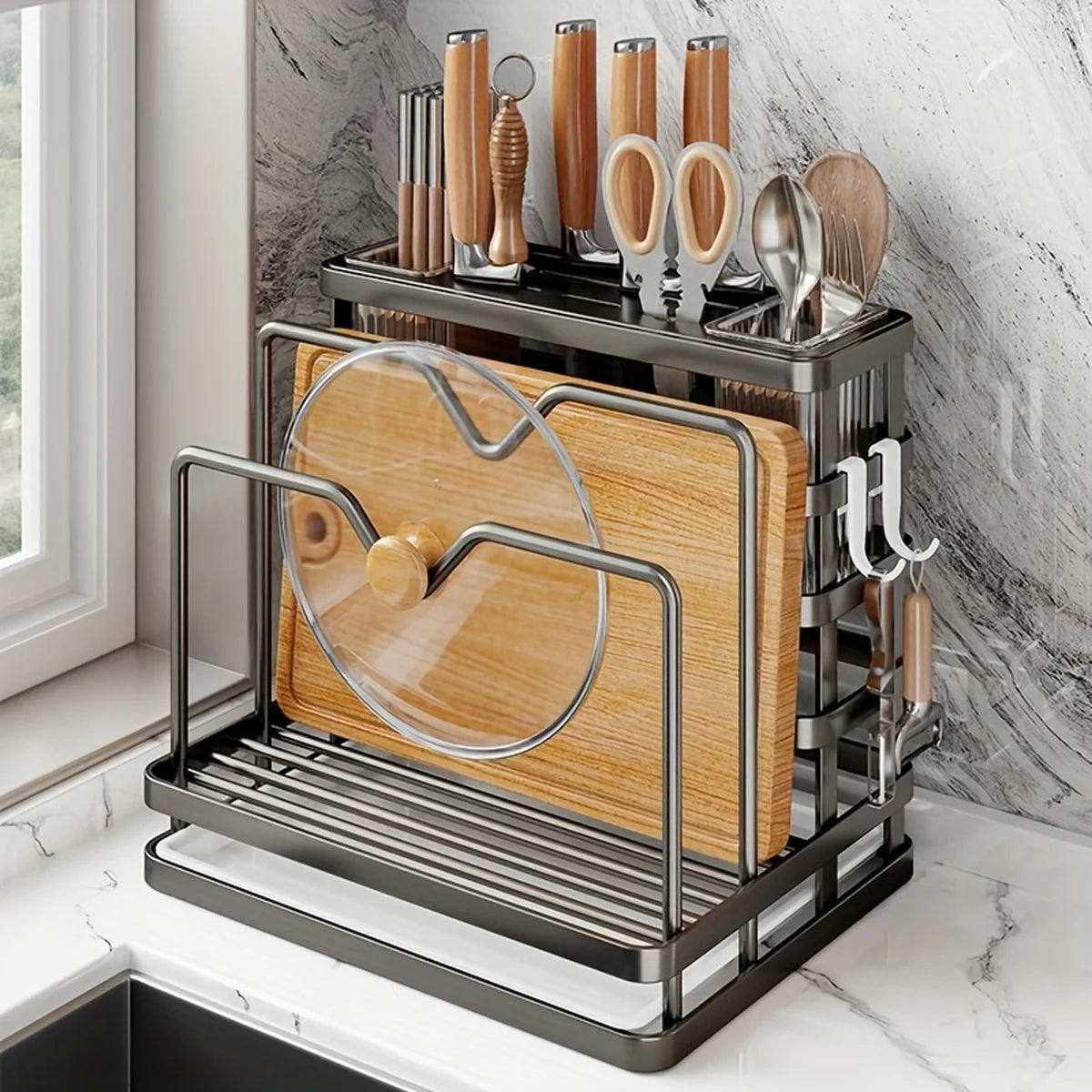 Kitchen Stainless Steel No-Drill Storage Rack, Lid, Chopsticks, Knife & Cutting Board Organizer