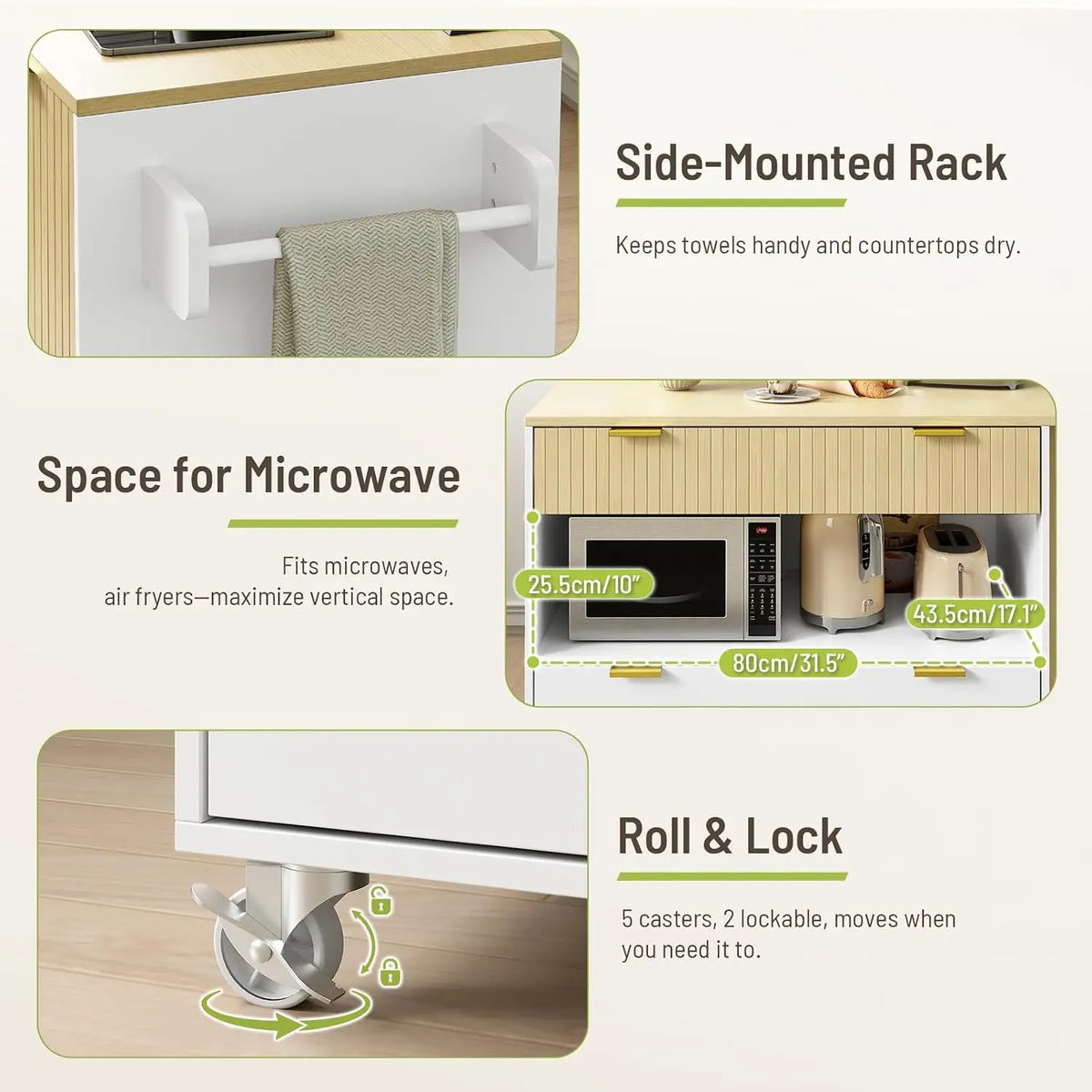 Kitchen Island with Storage, Power Outlet, Trash Bin & 3 Drawers, Rolling Cart for Kitchen & Dining, White & Natural, Customized