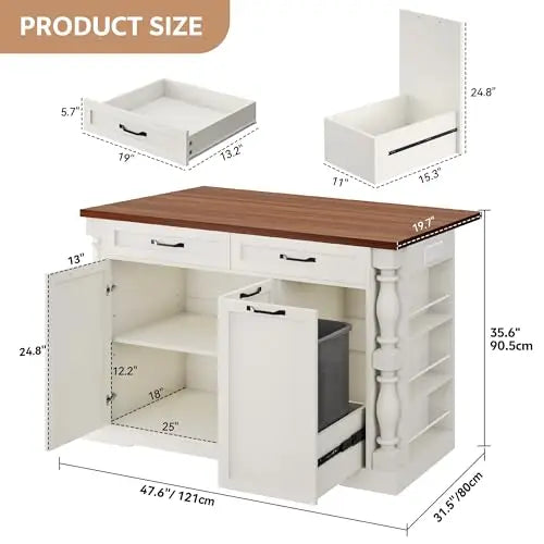 Kitchen Island on Wheels, 48" Island Table for Kitchen with Trash