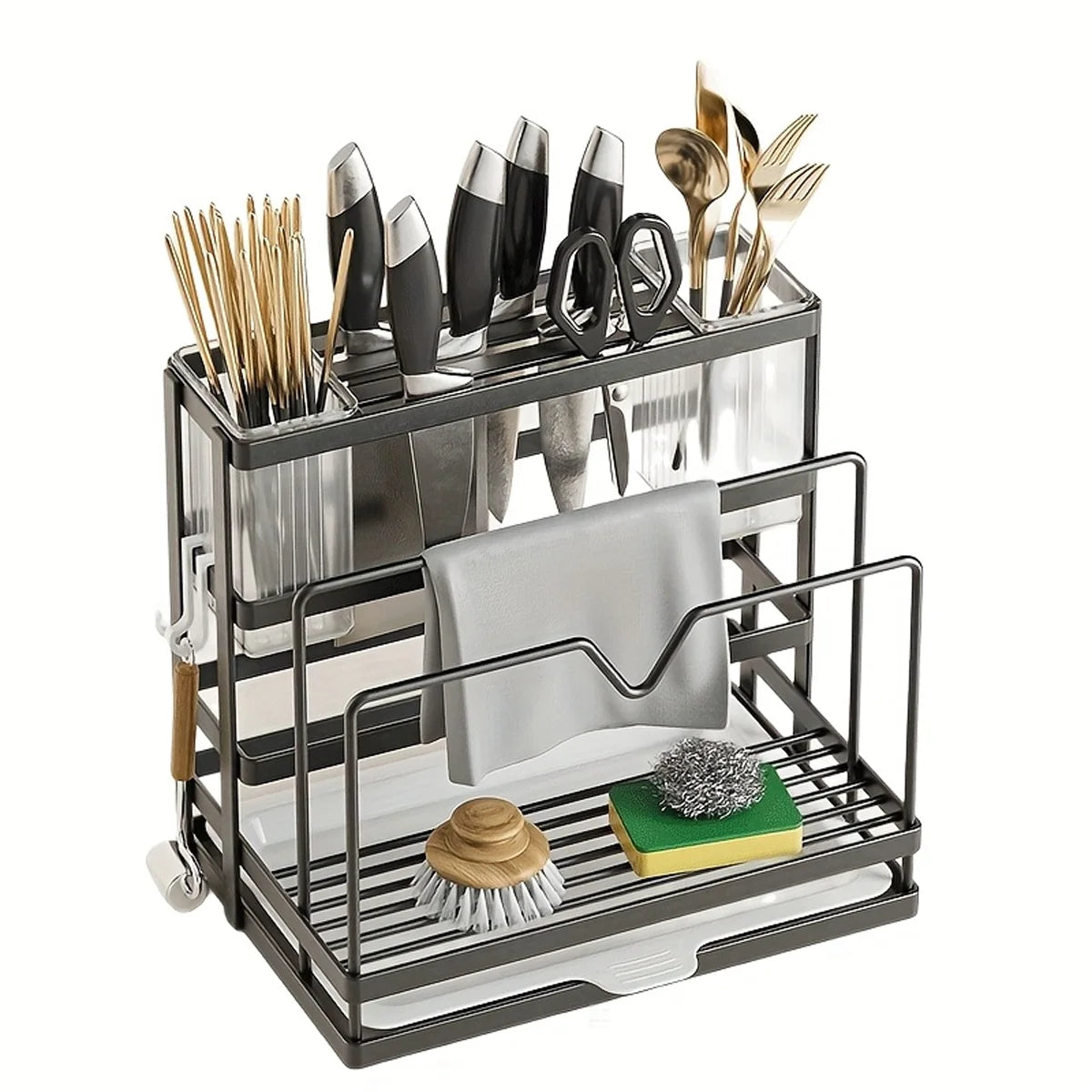 Kitchen Stainless Steel No-Drill Storage Rack, Lid, Chopsticks, Knife & Cutting Board Organizer